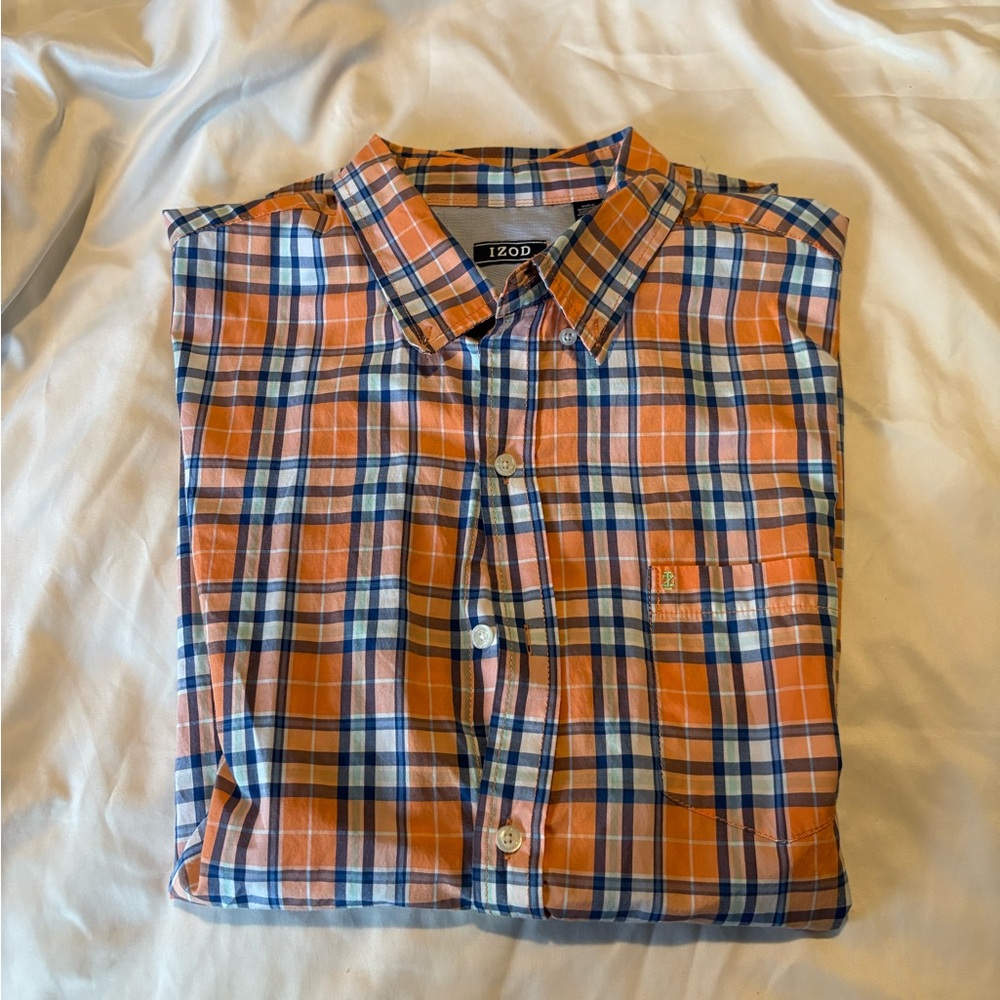 Izod Men's Blue and Orange Plaid Shirt